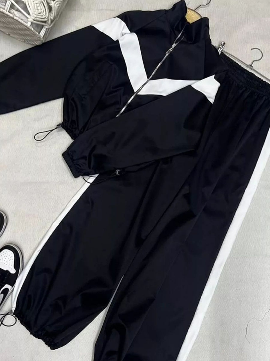 Liber Autumn women's clothing contrasting colors Sports jacket Long-sleeved two-piece suit