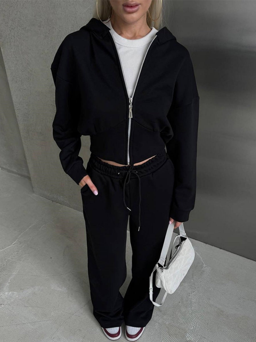 Liber Autumn women's clothing Drawstring Hooded Zippered solid color long-sleeved cardigan two-piece set