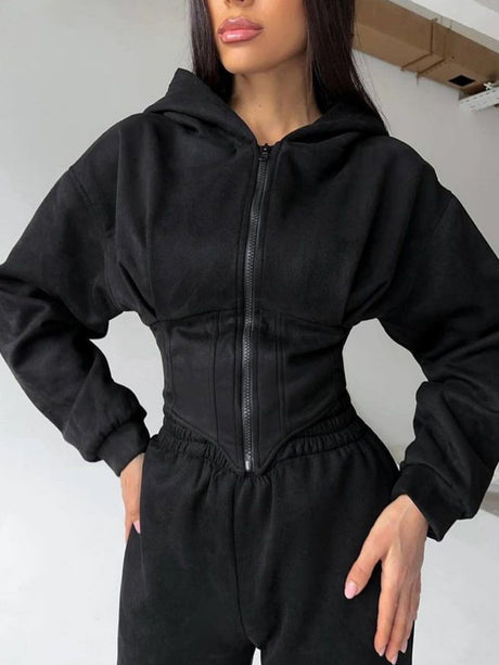 Liber Autumn women's clothing waist design Hooded Zippered solid color long-sleeved cardigan two-piece set