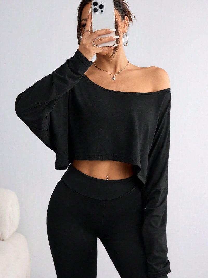 Black Off Shoulder Loose Navel T-shirts