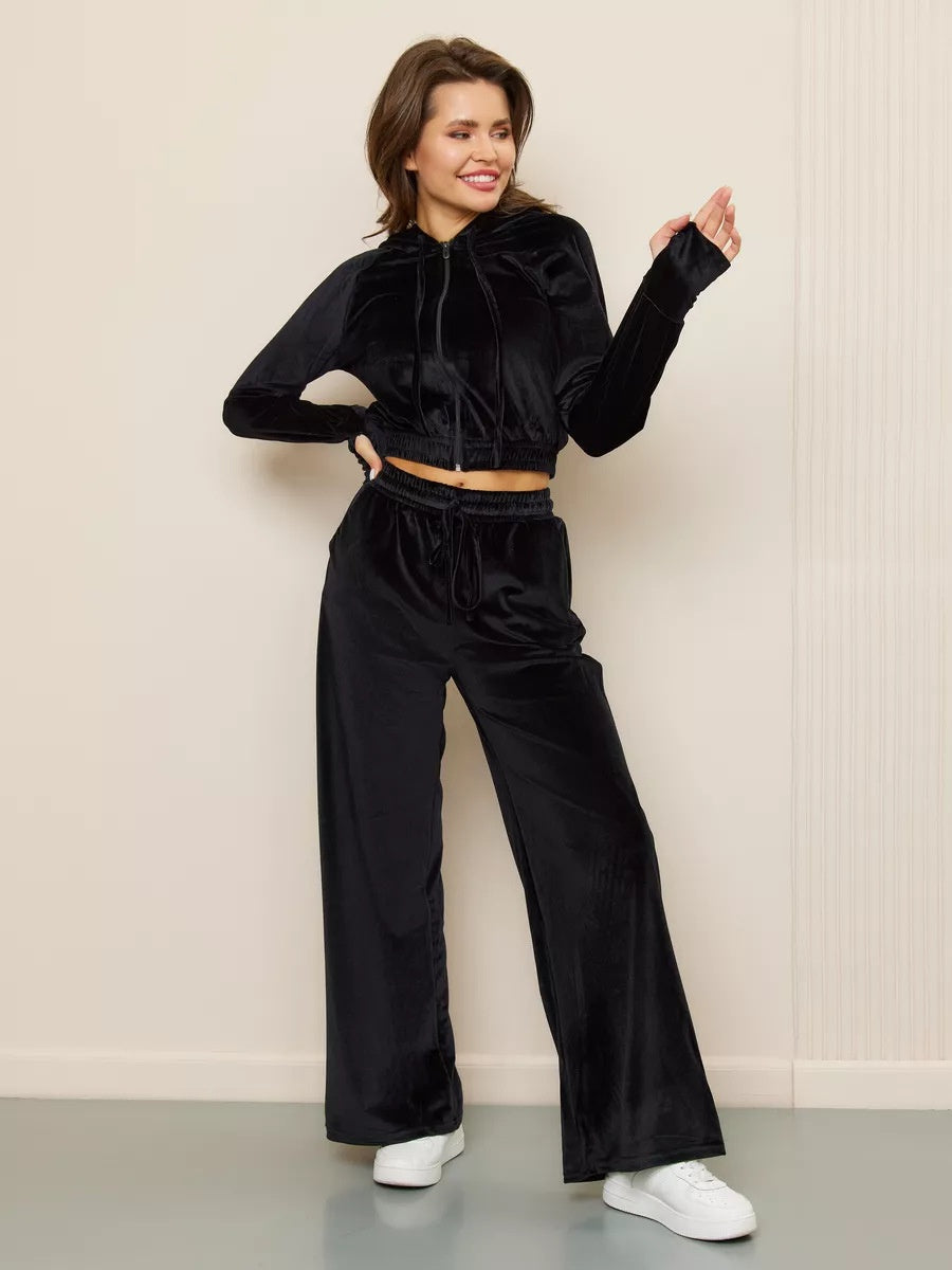 Velvet Zipper Cardigan, Silver Fox Fleece Sweatshirt, Lace-Up Pants 2-piece Sets