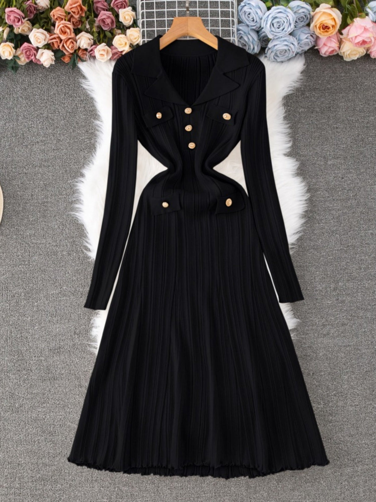 Lapel Button Ribbed Long Sleeve Fishtail Knitted Dress