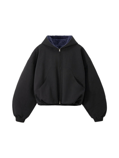Short Plush Ins Contrasting Colors Hooded Zipper Jacket