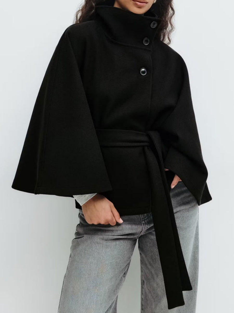 Solid Color Cape With Stand Collar, Button Belt And Short Style Coats