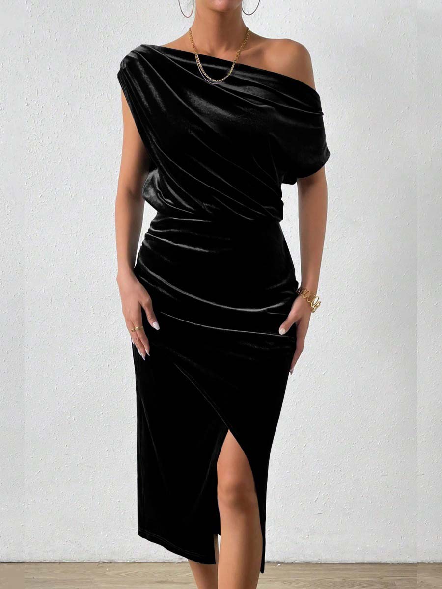Velvet Sloping Shoulders Pleated Midi Dresses