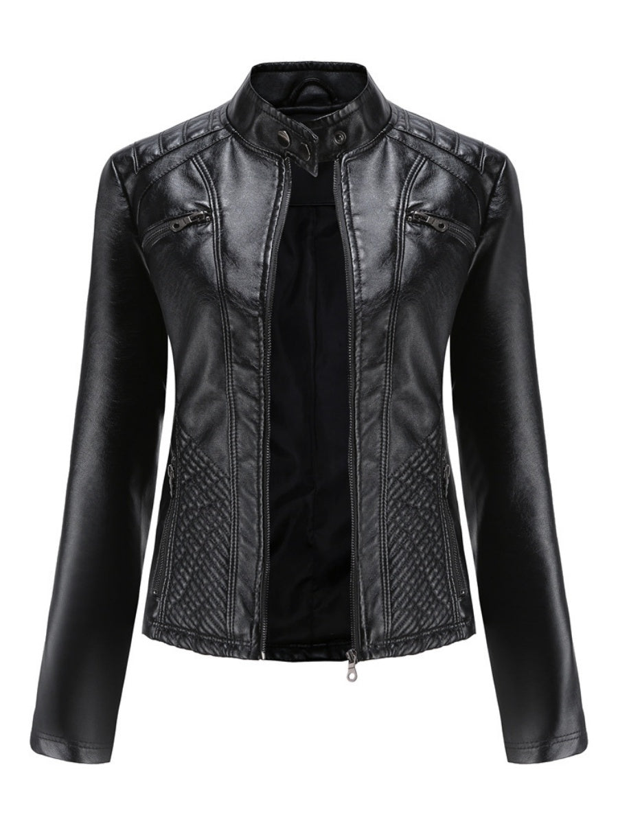 Three-dimensional Decoration Stand Collar Slim Fit Leather Jacket
