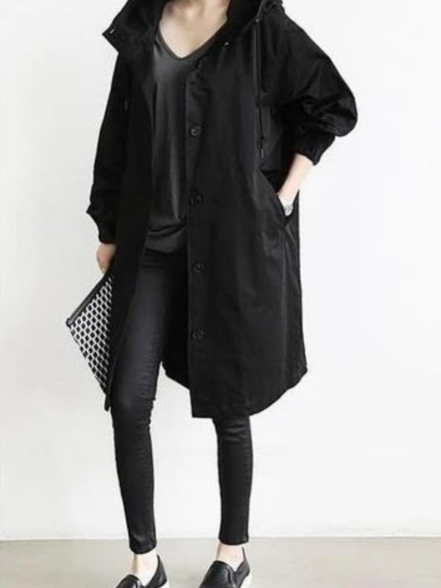 Oversized Hooded Single-Breasted Mid-Length Trench Coat