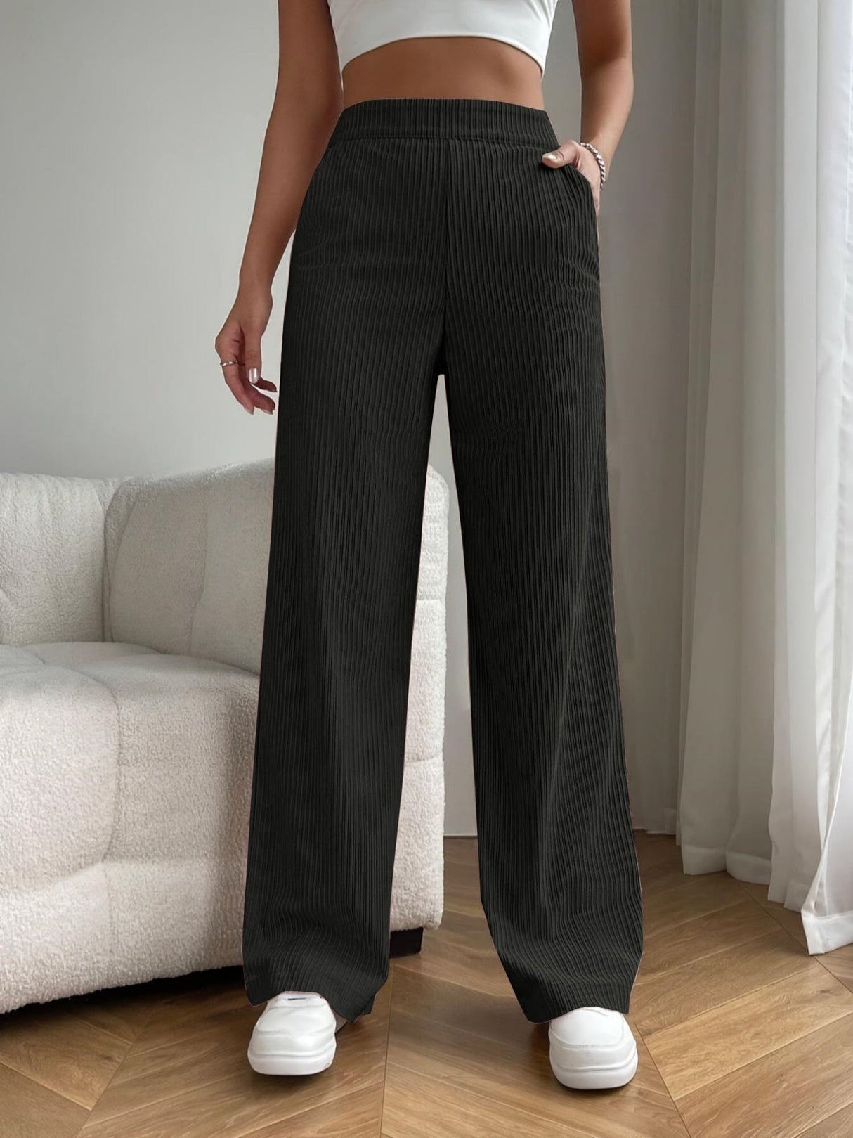 Threaded High-waist Loose Wide-leg Pants With Draped Straight Legs