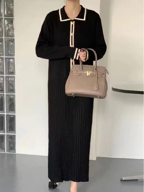 Lapel Contrasting Trim Elegant Chanel Style Pleated Loose Long Knitted Dress