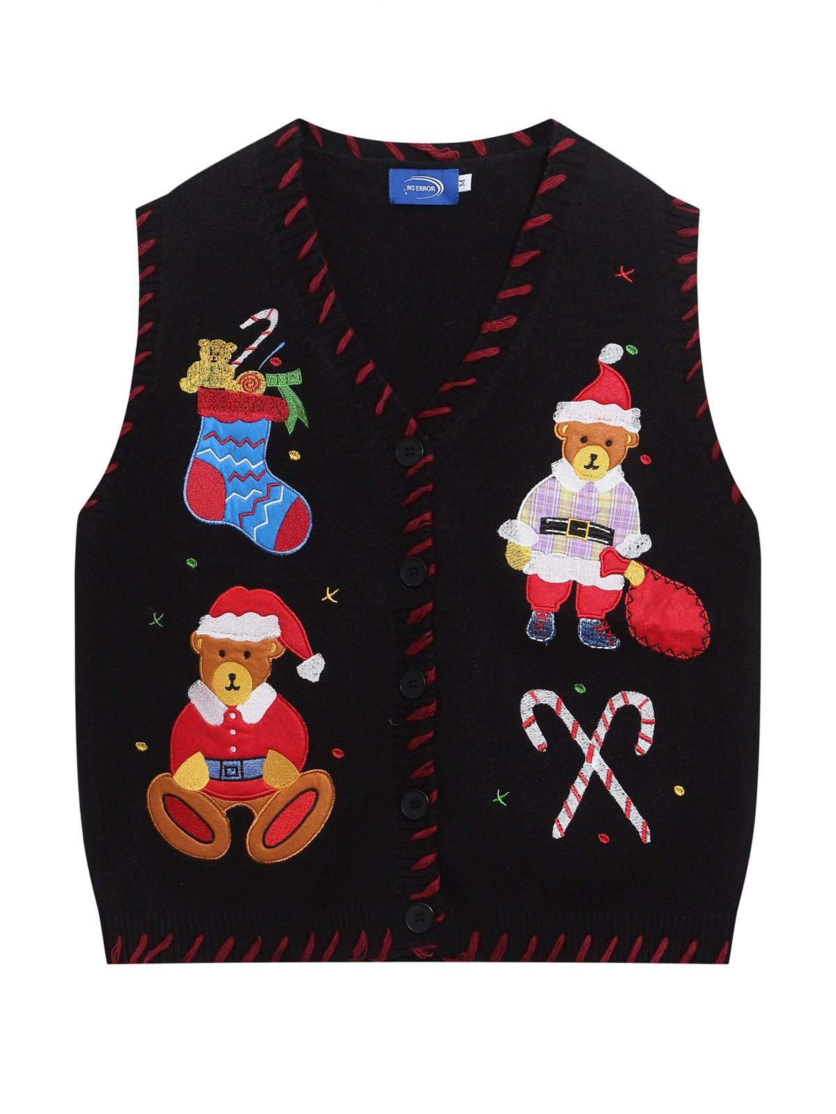 Christmas Little Bear Embroidery V-neck Layering Sweaters Vests