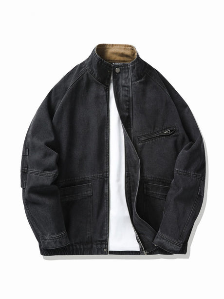 Retro Washing Stand Collar Zipper Workwear Denim Jacket