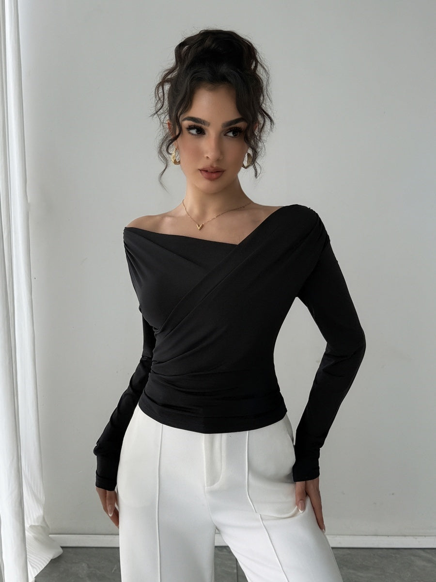 T-shirts à épaules dénudées, col en V, manches longues, plis croisés, coupe ajustée, parfaits pour tous les jours