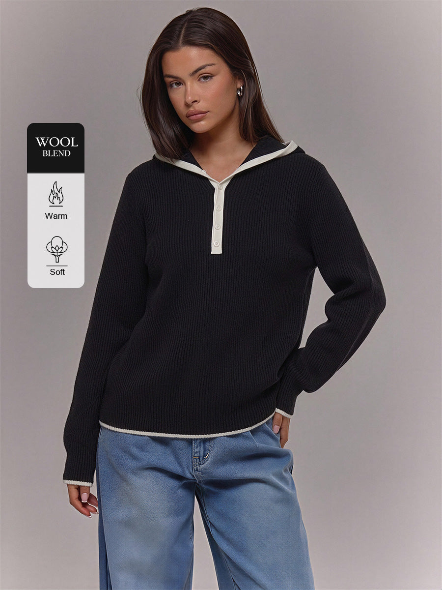 Ribbed Hooded Henley Sweater with Contrast Trim