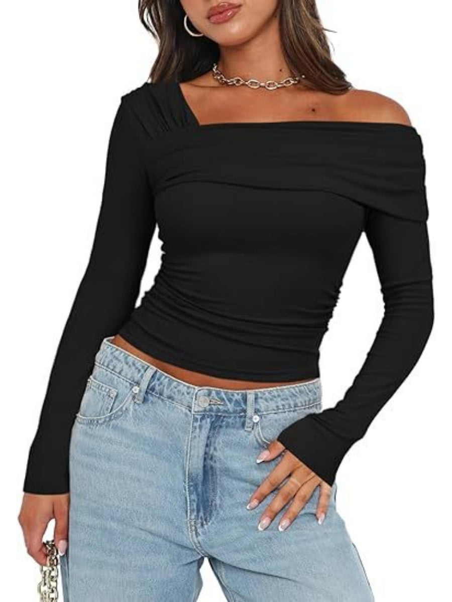 One Shoulder Long Sleeve Pleats Slim Fit T-shirts