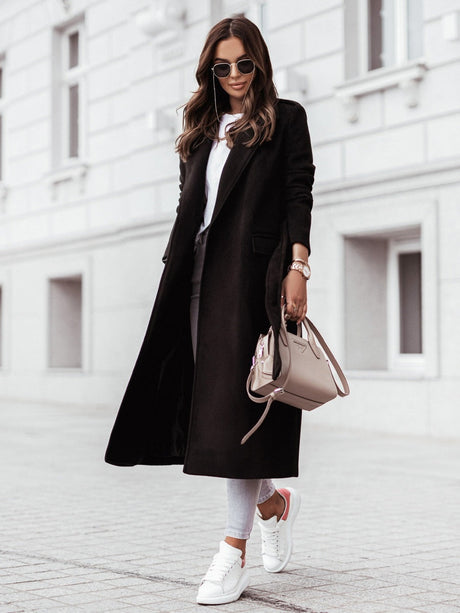 Simple Long-sleeved V-neck Tie Woolen Solid Color Coats