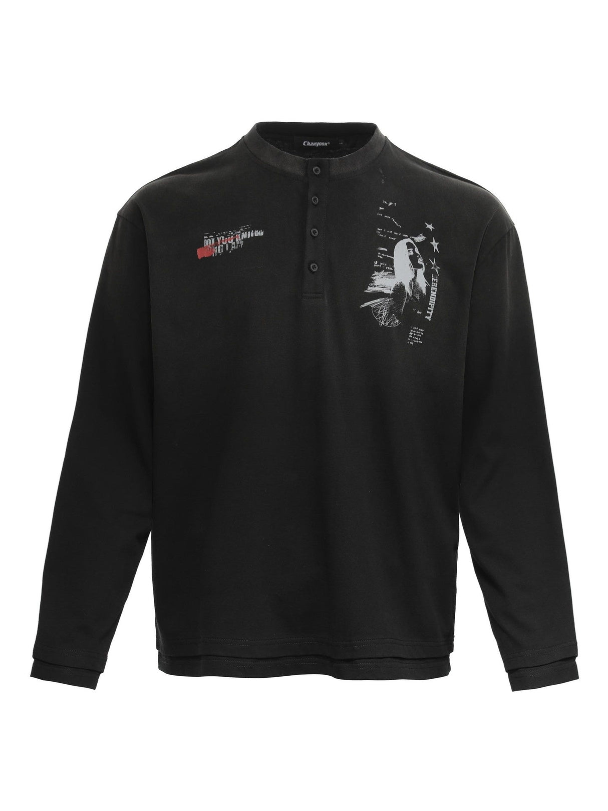 Retro European And American Portrait Prints Distressed Henry Collar Fake Two Pieces Long-sleeved T-shirt