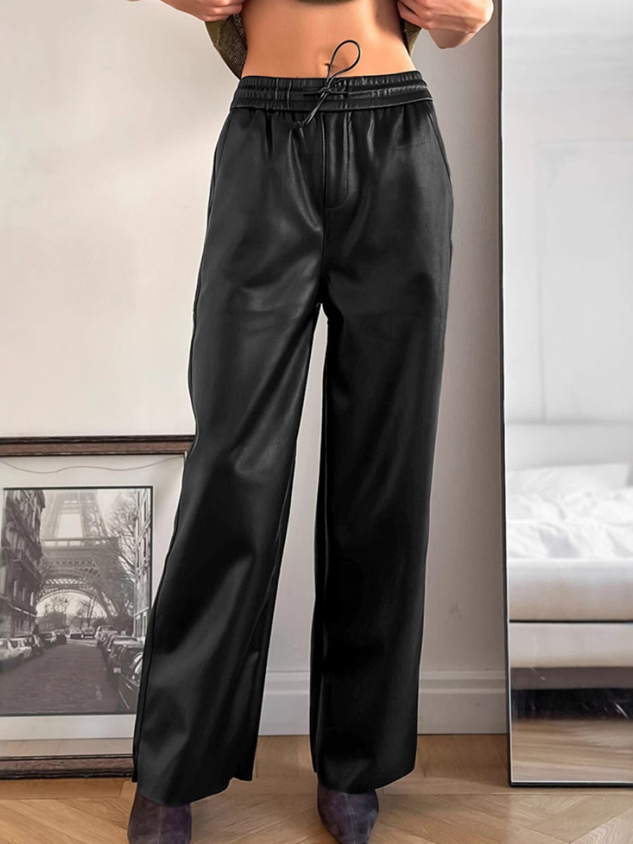 Wide Leg Straight-leg pants with lace-up Pu leather trousers