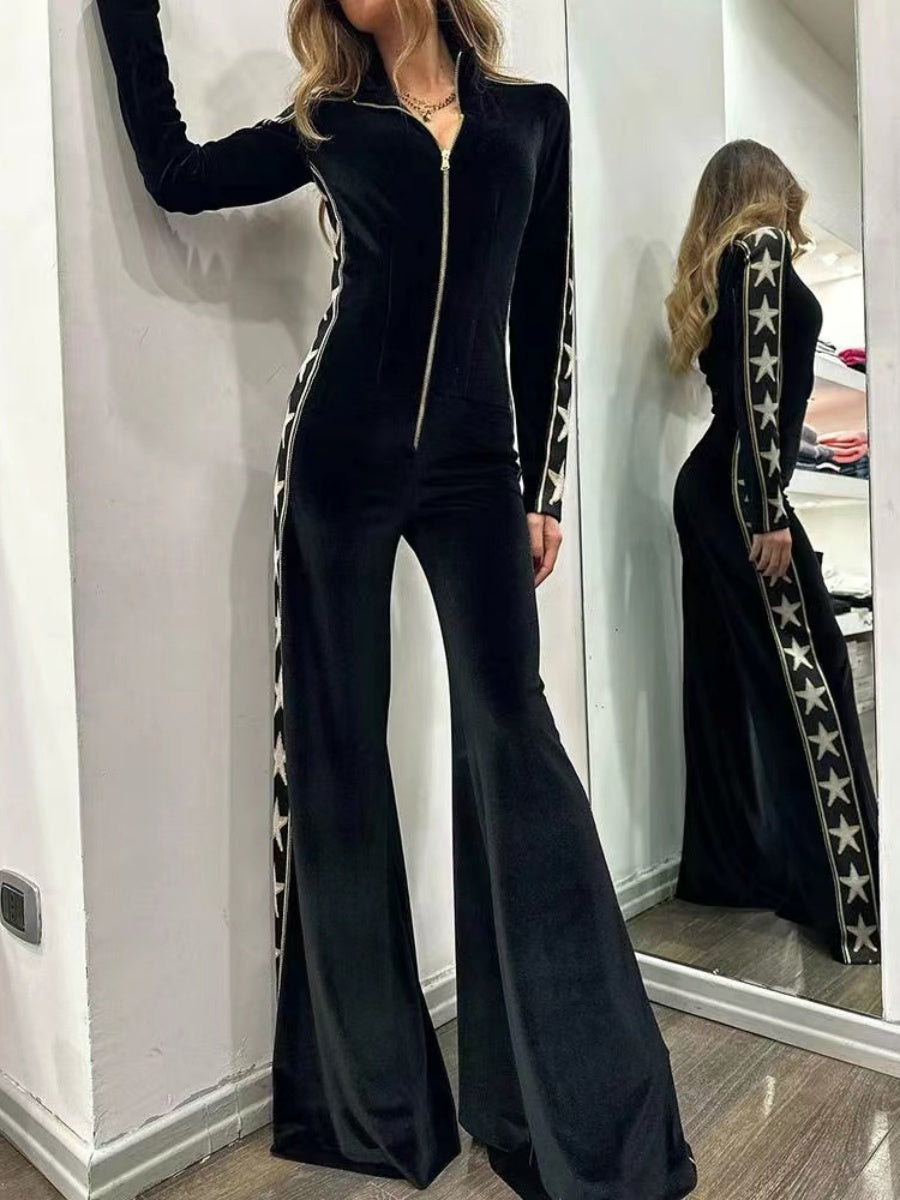 Velvet Patchwork Printed Long-sleeved Wide-leg Jumpsuit