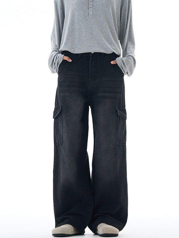 Washing Stereo Multiple Pockets Tooling All-match Wide-leg Pants Jeans