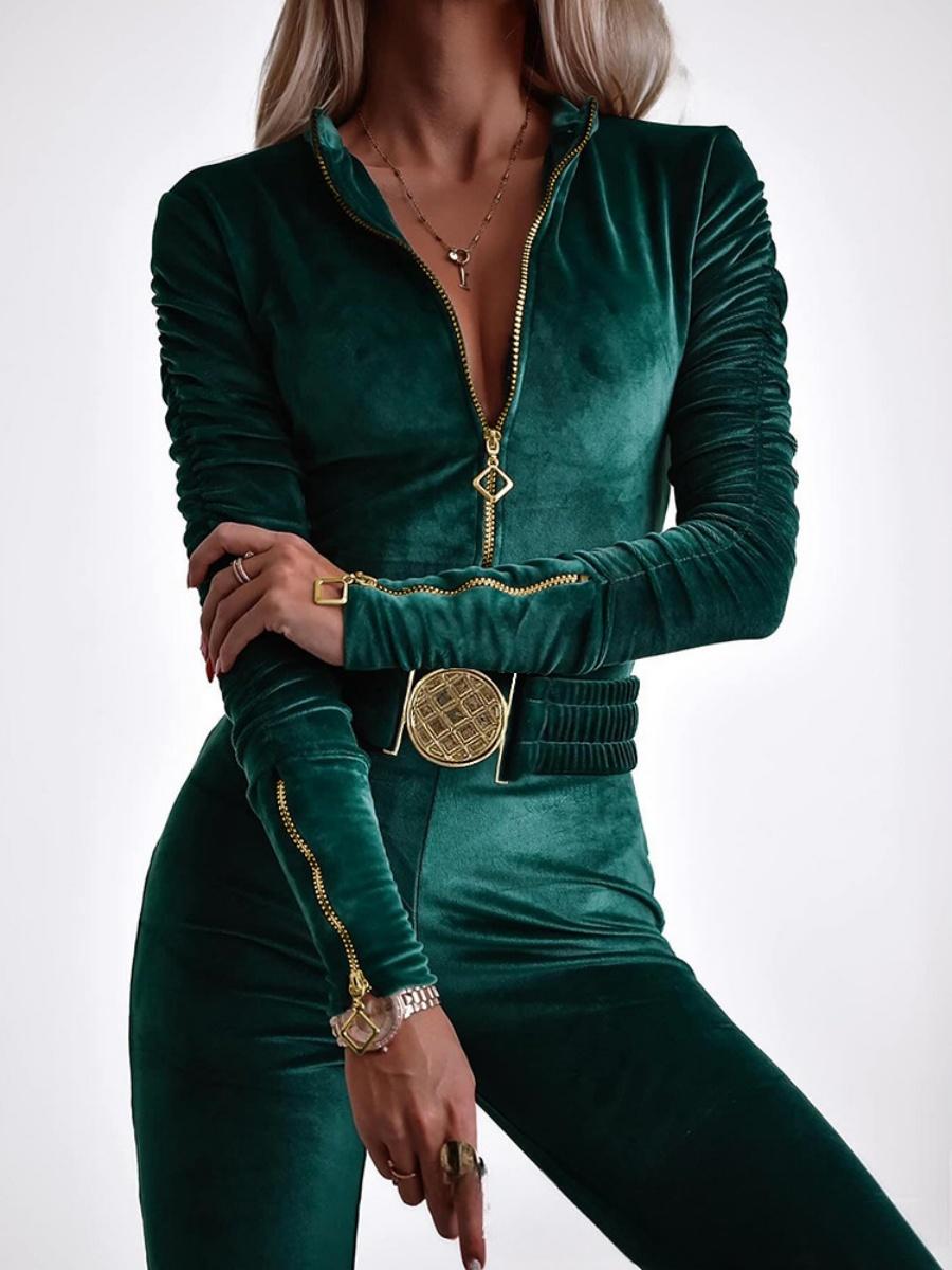 Velvet Zipper Metal Belt Jumpsuit