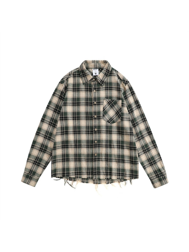 Contrasting Colors Plaid Loose Lapel Raw Edge Buttons Long-sleeved Shirt