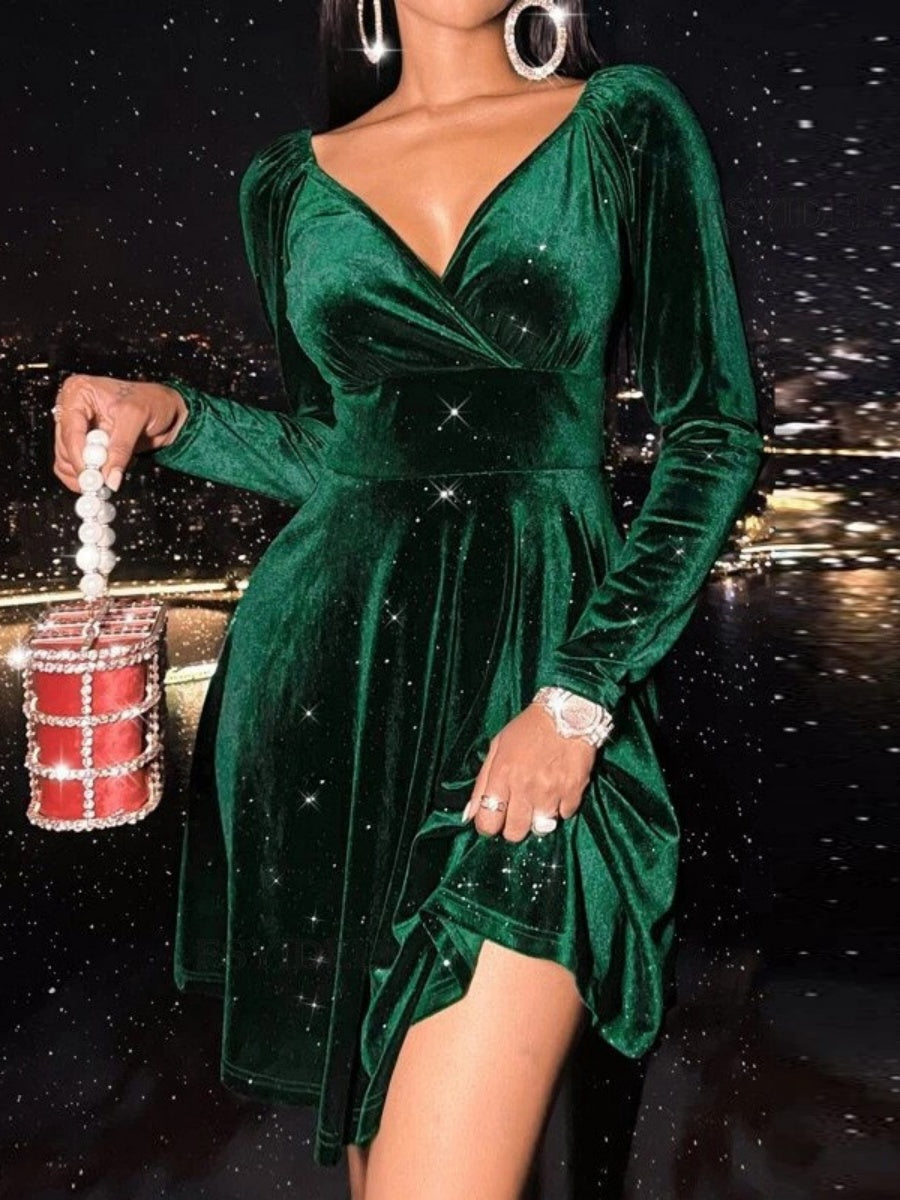 Long-sleeved Silver Fox Velvet V-neck Short Dress