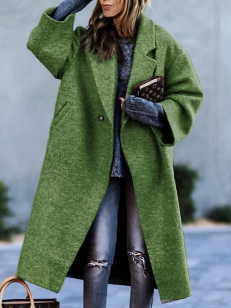 Temperament Commuting Beltless Lapel Loose Style Buttons Mid-length Coats