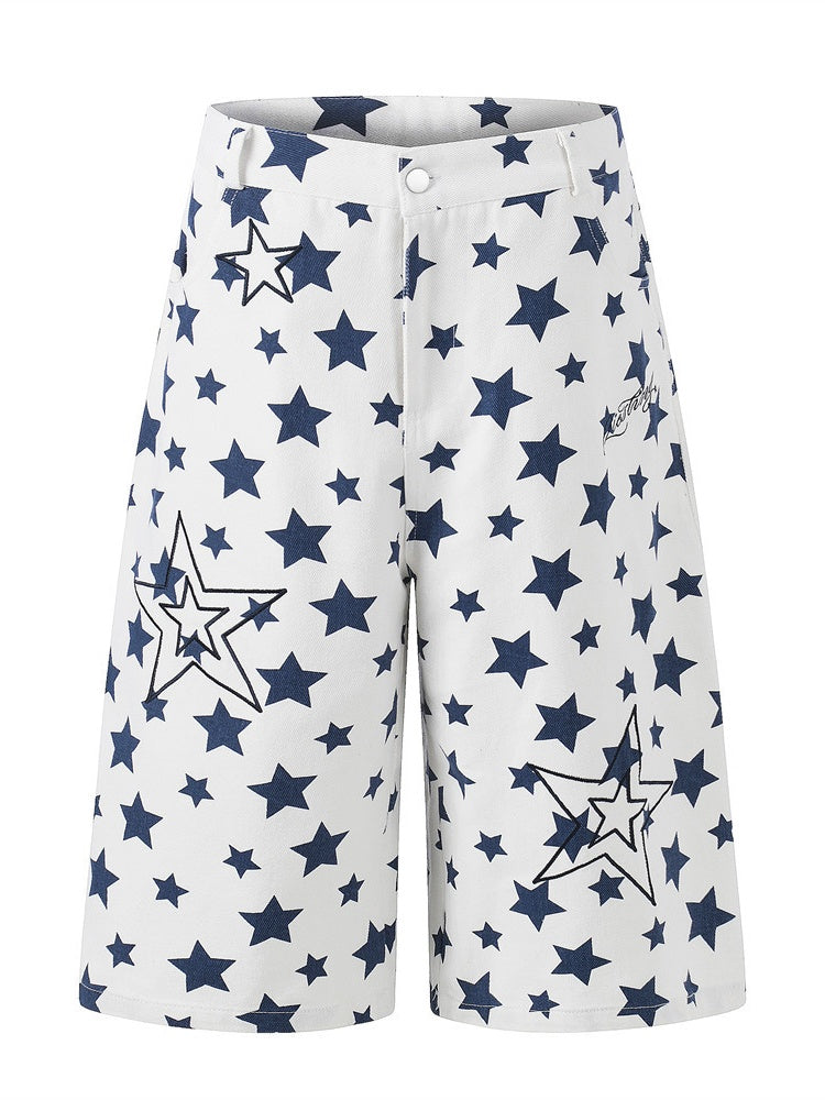 Full Print Star Loose-fit Wide Leg Work Clothes Five Points Shorts