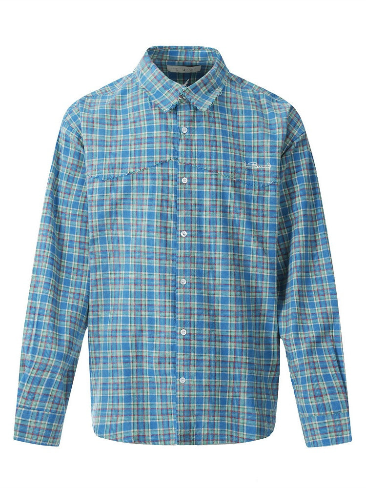 Small Grid Loose Splicing Raw Edges Plaid Long-sleeved Shirt