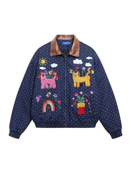 Retro Colorful Cat Polka Dots Splicing Lapel Thickening Jackets