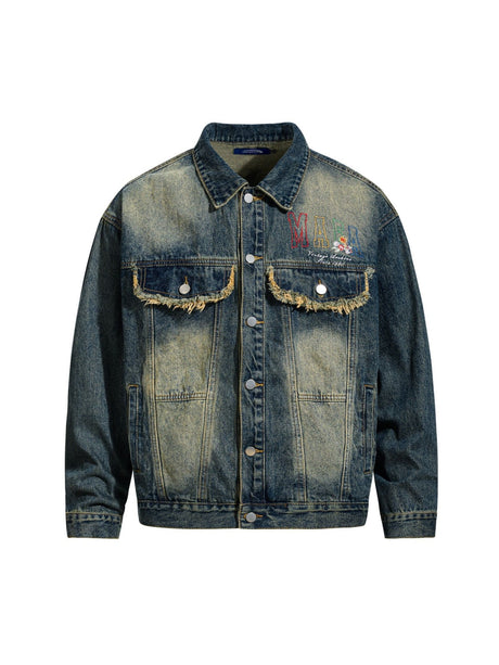 Washing Colorful Letter Embroidery Loose Denim Jacket