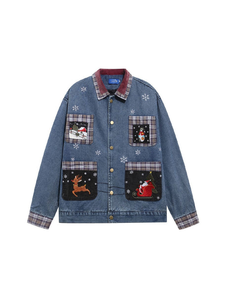 Christmas Pattern Embroidery Washing Splicing Denim Jacket