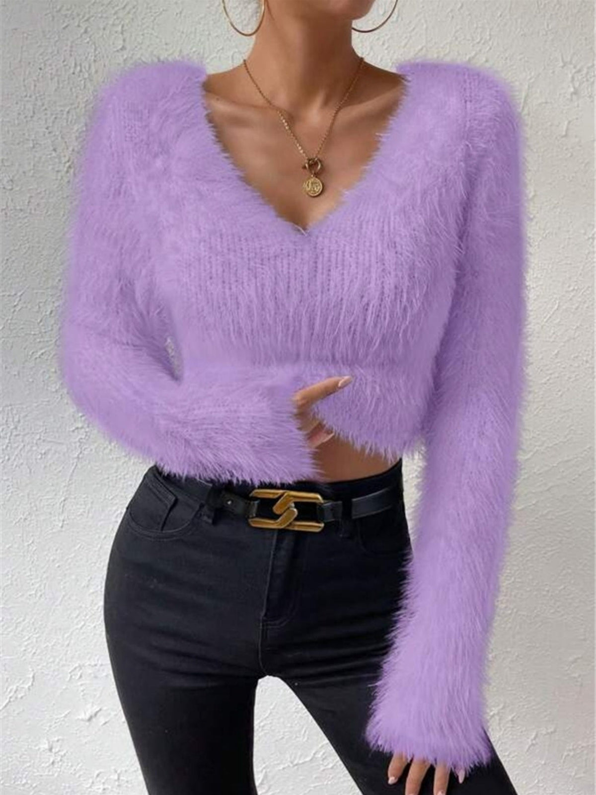 Plüsch-Kurzpullover mit V-Ausschnitt