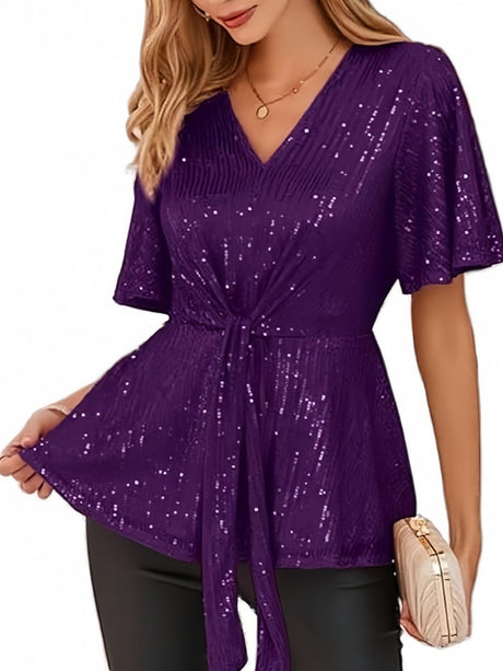 V-neck Pullover Sequins Tie-strap Mesh/see-through Top