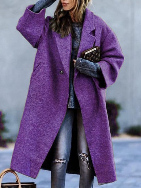 Temperament Commuting Beltless Lapel Loose Style Buttons Mid-length Coats