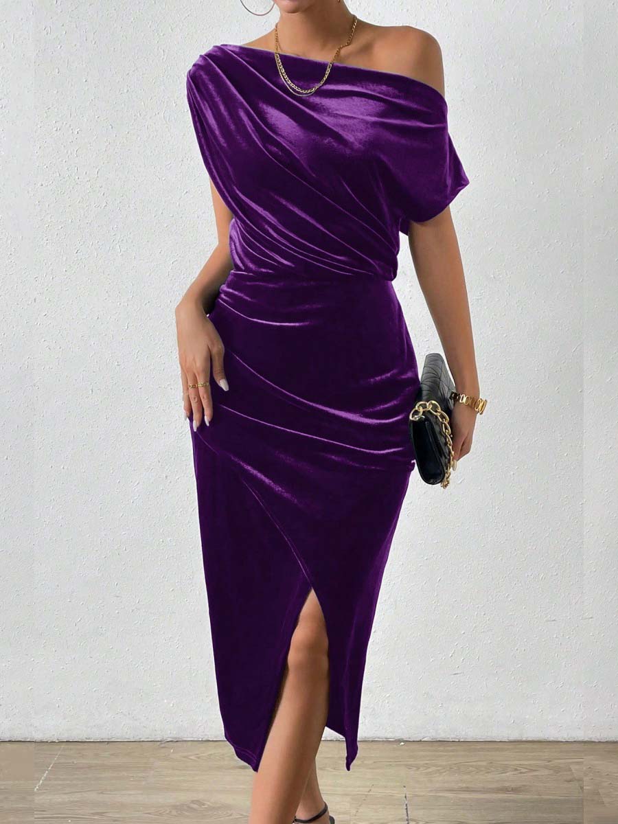 Velvet Sloping Shoulders Pleated Midi Dresses