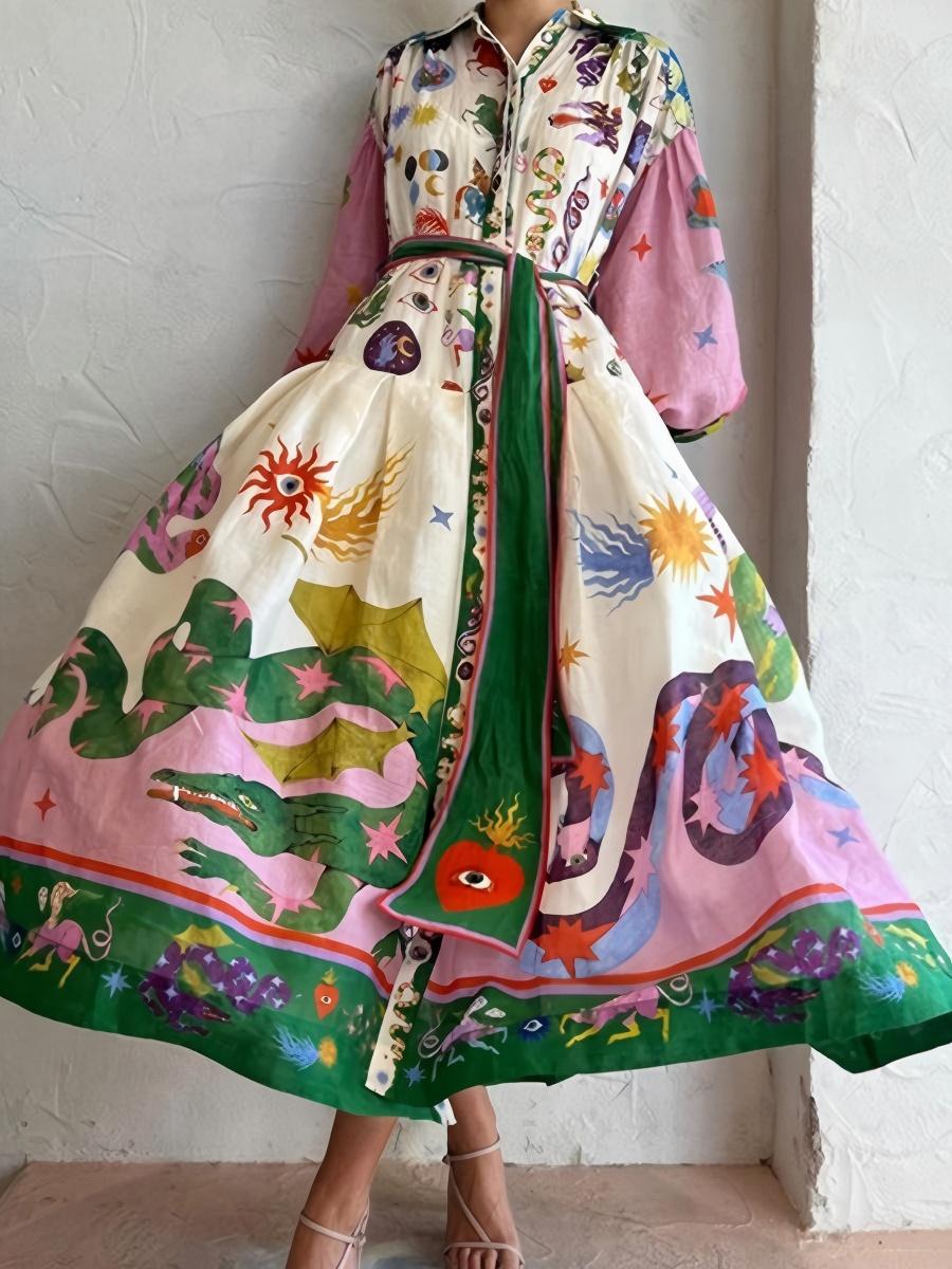 Botanical Floral Prints Balloon Sleeve Lapel Waist Long Sleeve Maxi Dresses