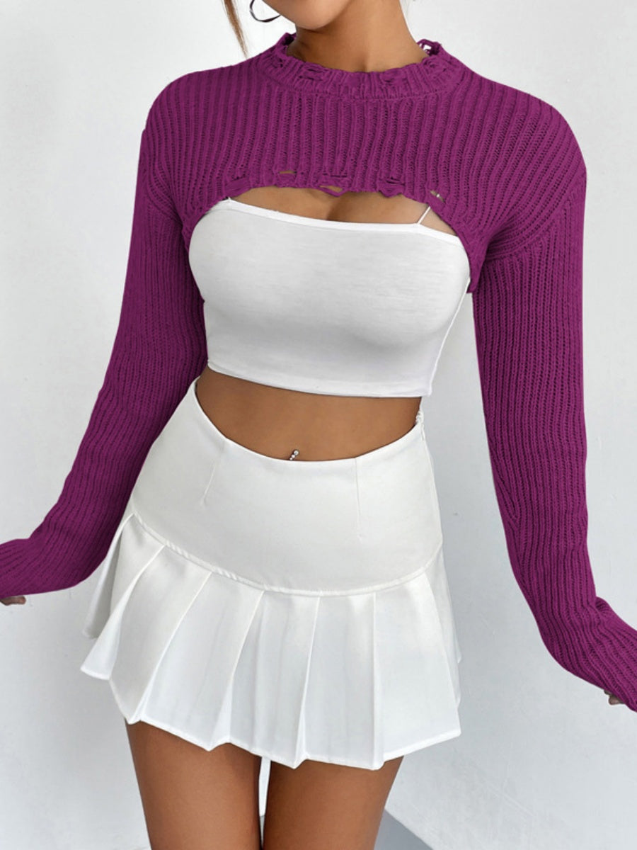 Liber Autumn women's knitted ripped short pullover mesh see-through top