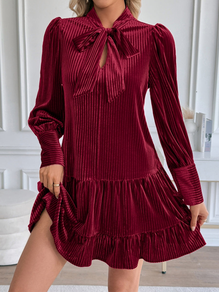 A-style Wine Red Velvet Stripes Long Sleeve Bow Ruffle Cocktail Party Christmas Short Dress