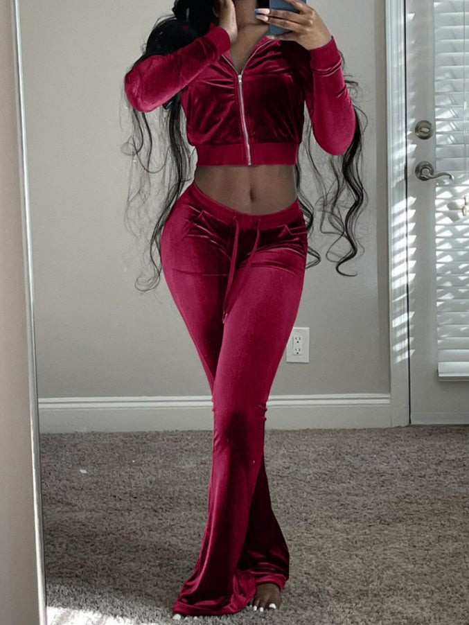 Velvet Splicing Sexy Long-sleeved Casual Navel-baring Top 2-piece Sets