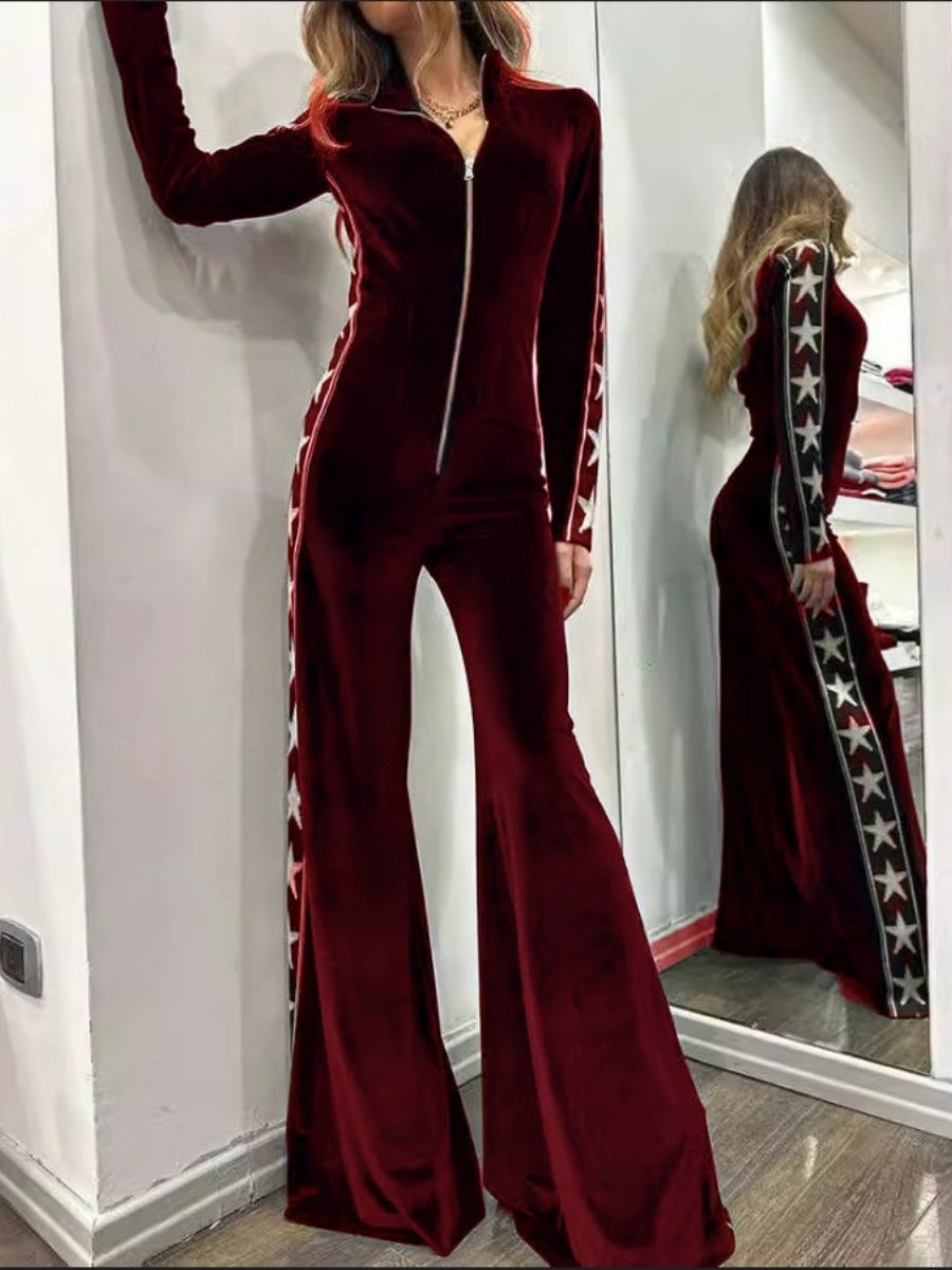 Velvet Patchwork Printed Long-sleeved Wide-leg Jumpsuit