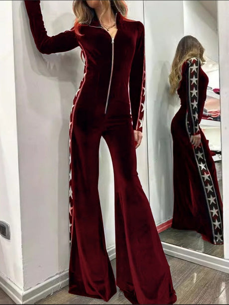 Velvet Patchwork Printed Long-sleeved Wide-leg Jumpsuit