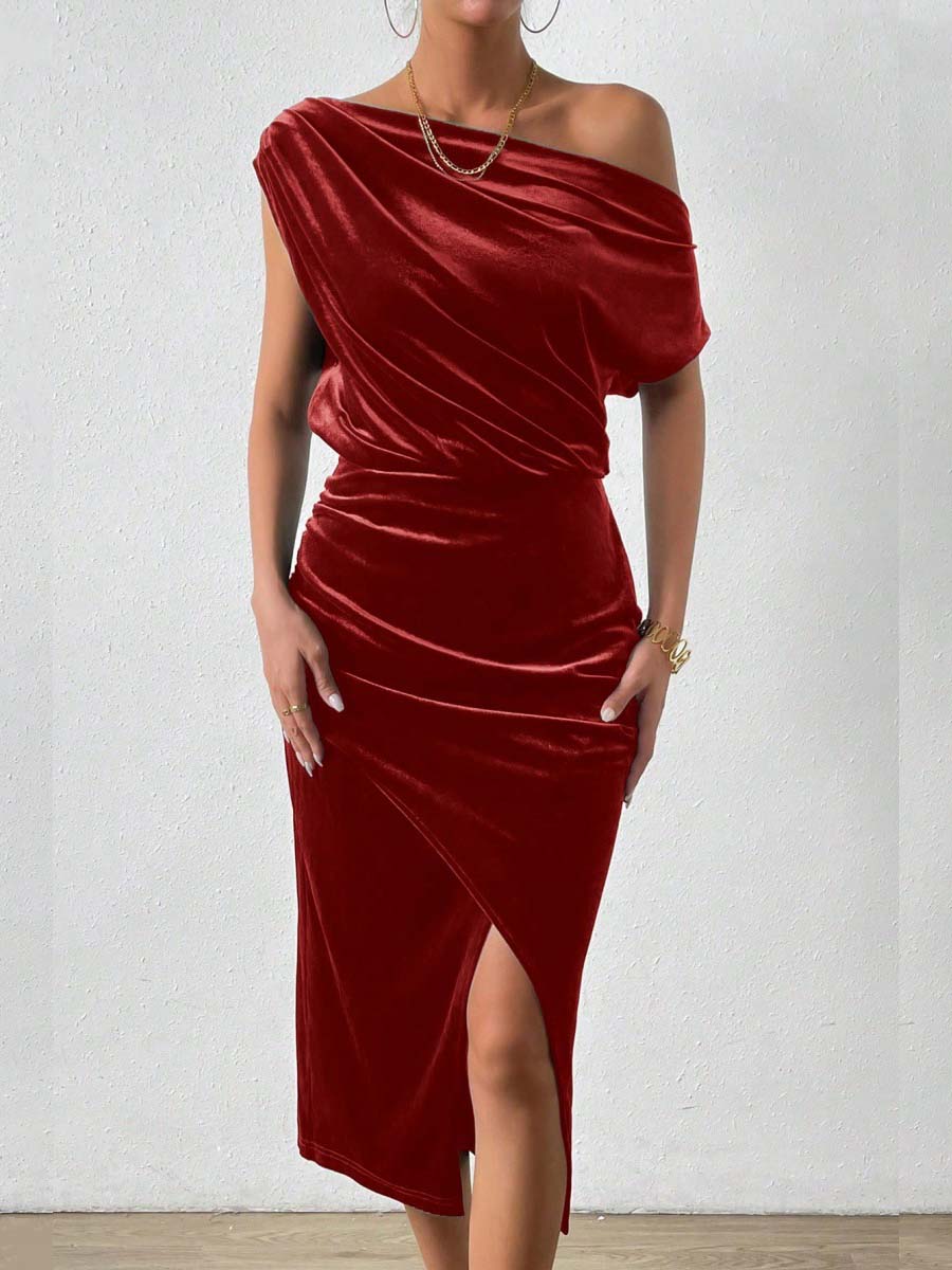 Velvet Sloping Shoulders Pleated Midi Dresses