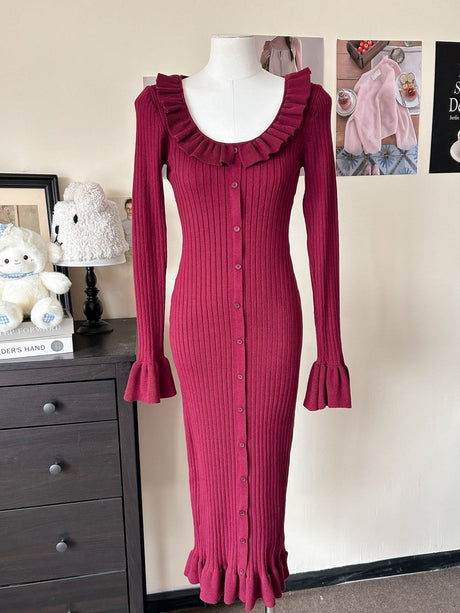 Trumpet Sleeve Ruffle Dress Single Breasted Tight Hip-Wrap Waist Sexy Sweater Long Dress
