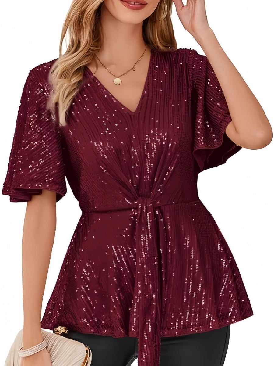 V-neck Pullover Sequins Tie-strap Mesh/see-through Top