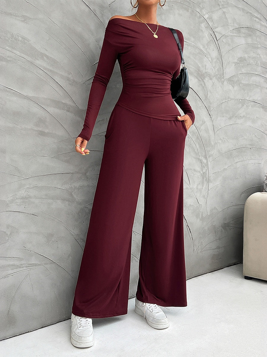Leisure Pleated Solid Color Long Sleeve 2-piece Sets