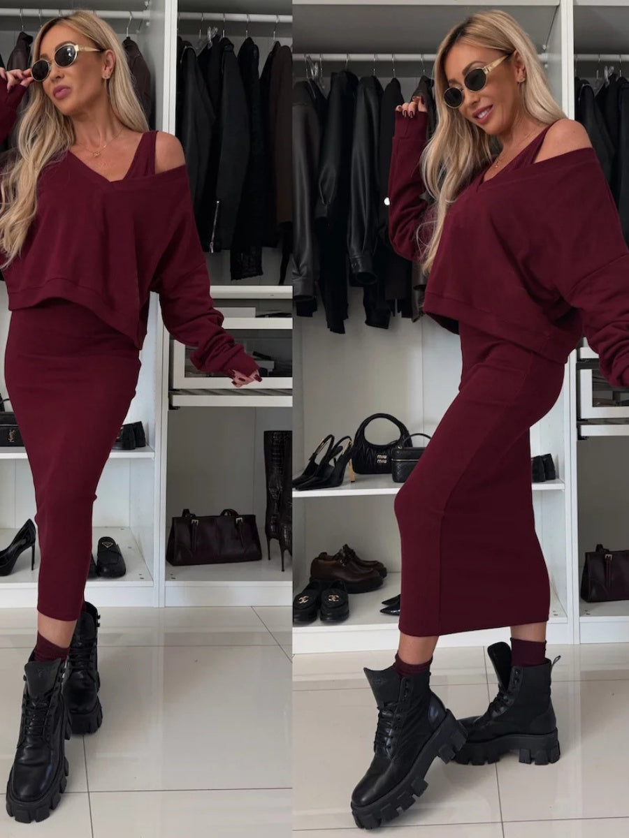 Liber Autumn women's V-neck clothing Pullover solid color long sleeve two piece dress