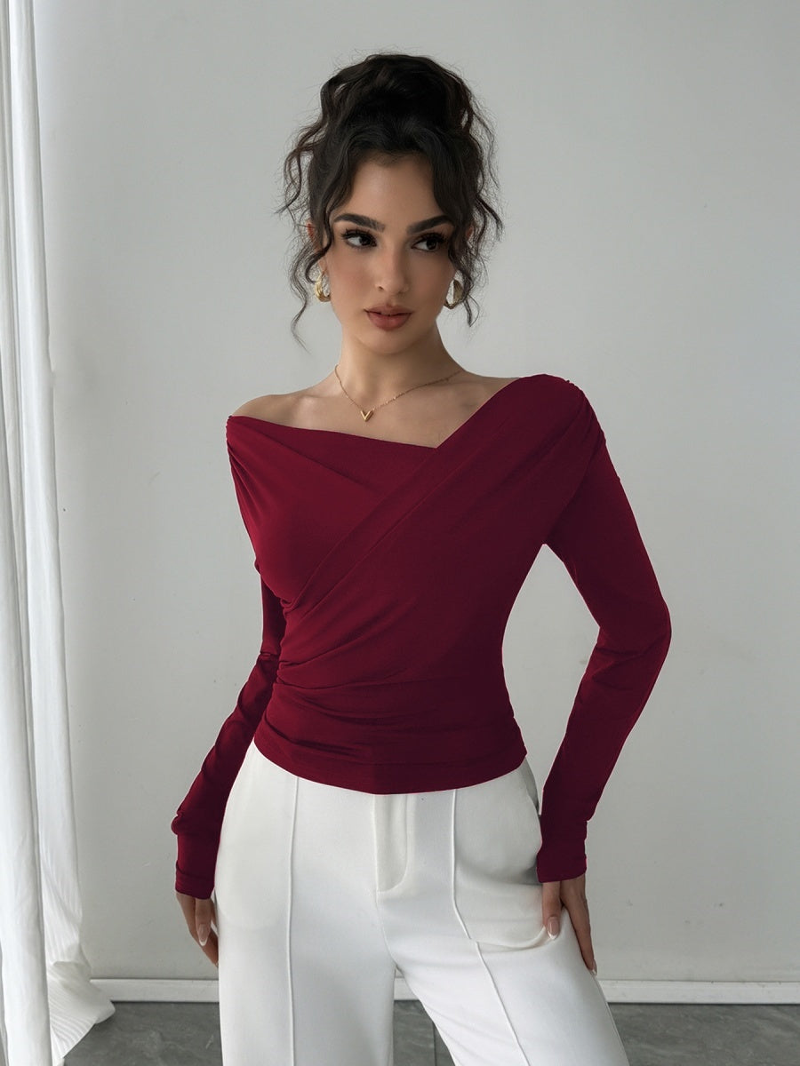 T-shirts à épaules dénudées, col en V, manches longues, plis croisés, coupe ajustée, parfaits pour tous les jours