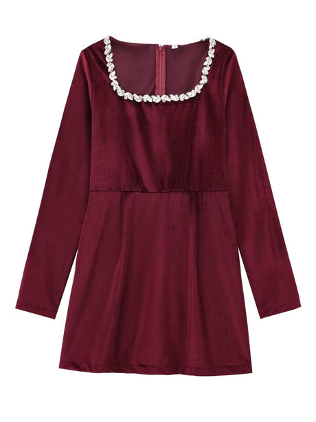 Square Collar Long Sleeve Diamond Velvet Mini&Short Dresses