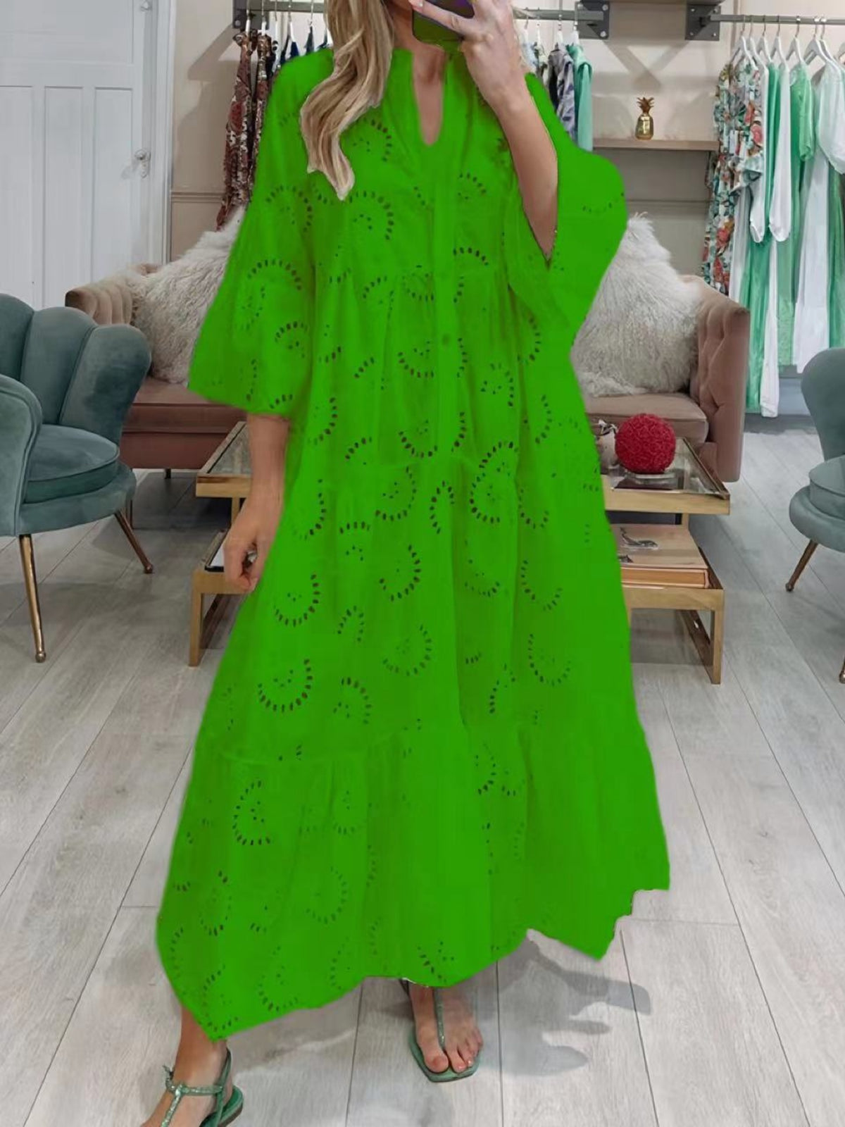 Lace Cutout V-neck Buttons Flare Sleeve Maxi Dresses